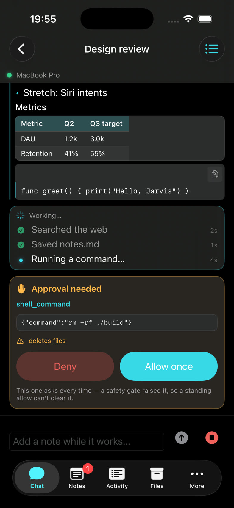 Agent Phone chat: the Mac is working on a job with a plain-English steps feed, and an approval is needed to run a shell command.