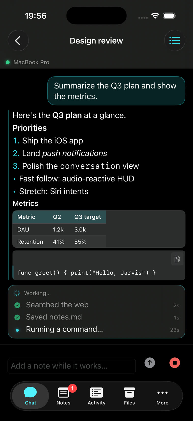 Agent Phone chat: the request is summarised with metrics after the step was approved.