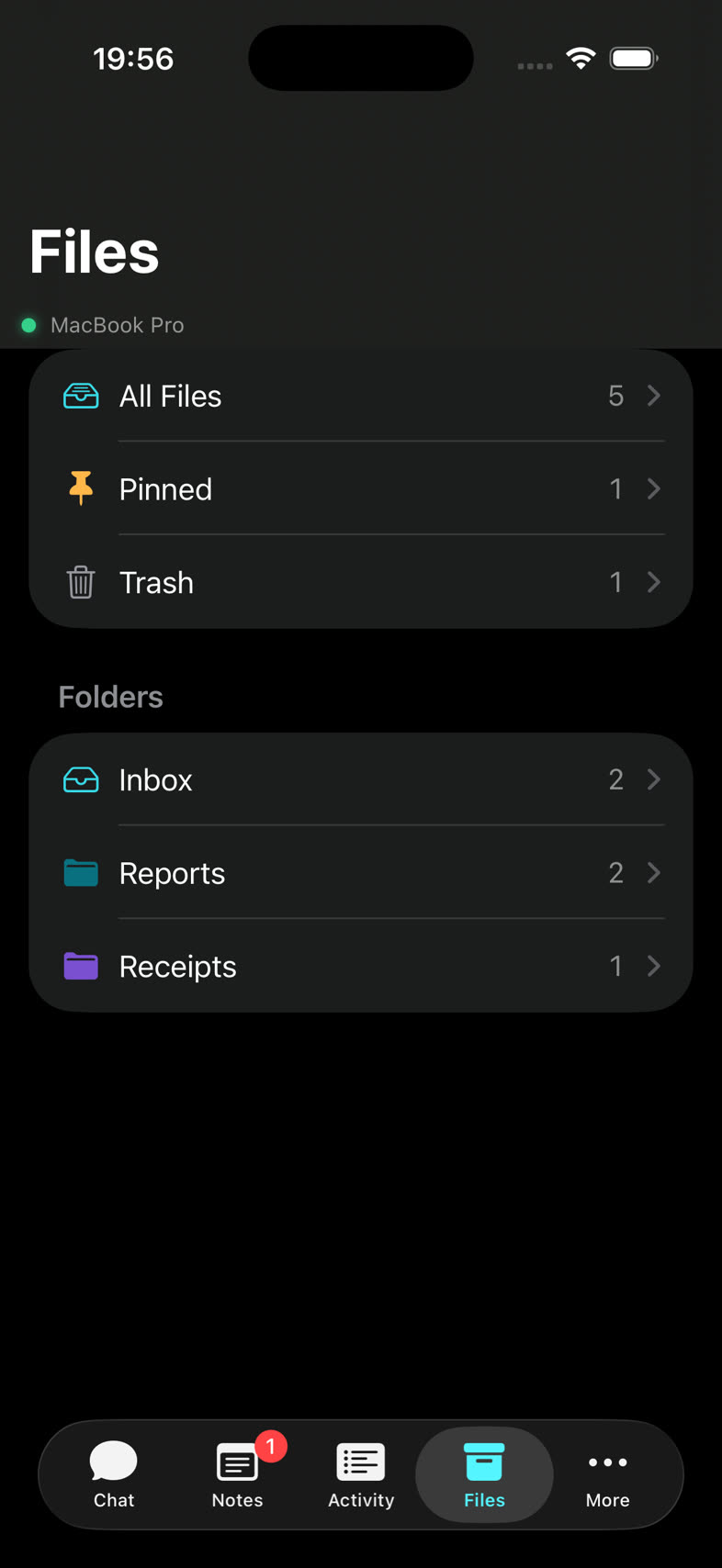 Agent Phone files tab: the Mac's filing cabinet with Inbox, Reports and Receipts folders.