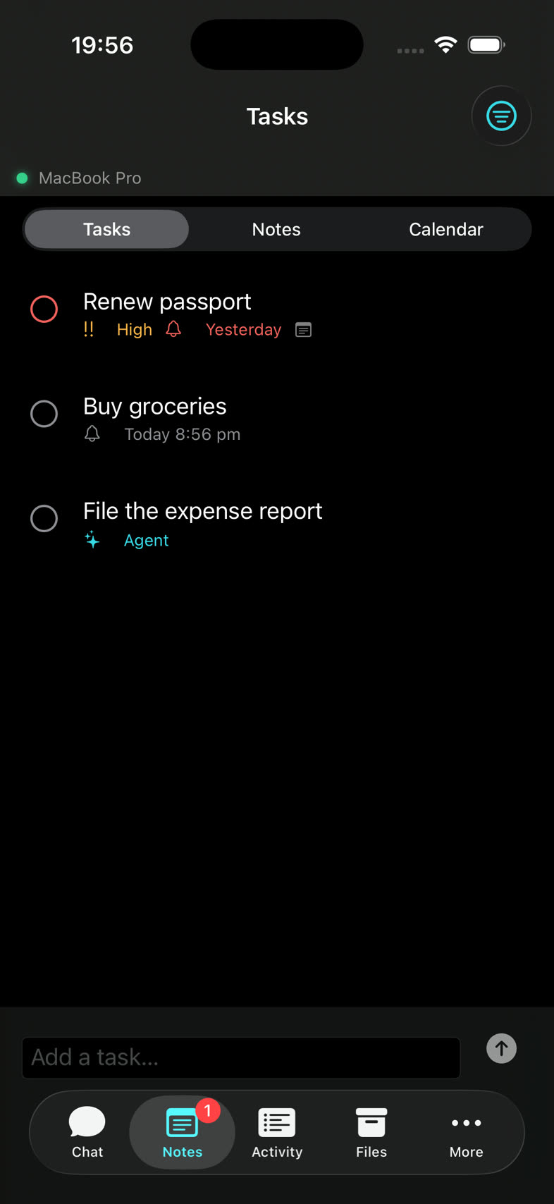 Agent Phone tasks tab: a to-do list with priorities and reminders.