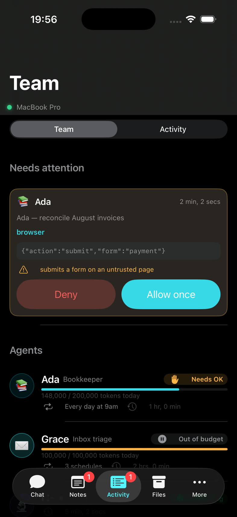 Agent Phone team tab: a roster of agents with status and token budgets, and one agent needing approval.